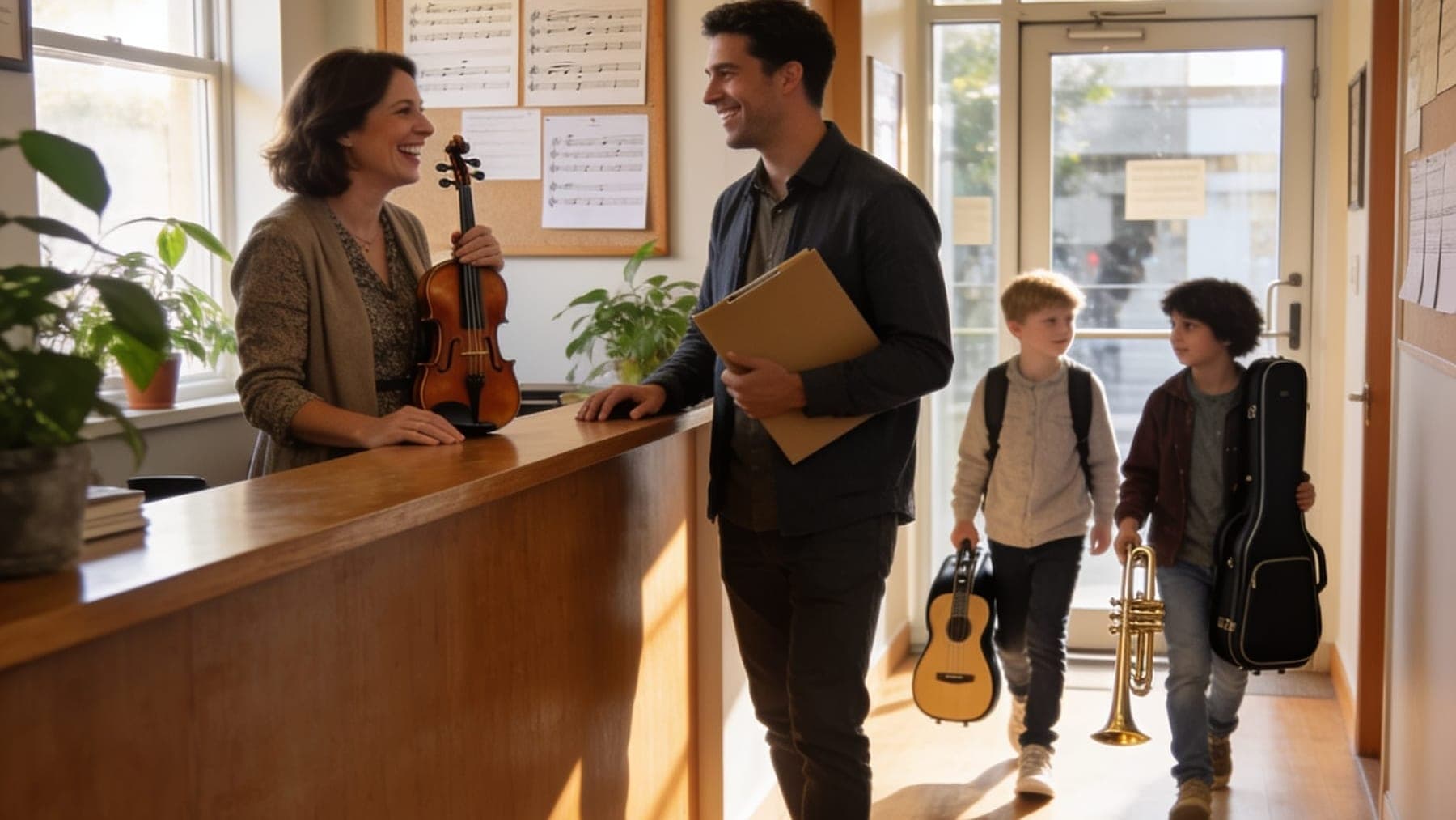 Flur einer kleinen Musikschule: zwei Lehrkräfte lachen am Empfang, zwei Kinder mit Gitarre und Trompete gehen zum Unterricht