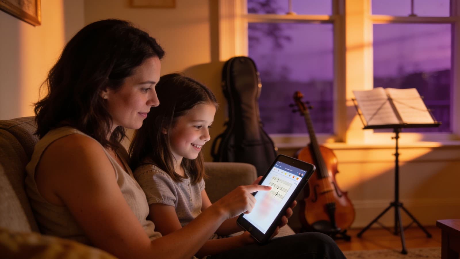 Mother and daughter on the sofa looking at lesson notes on a tablet, violin and music stand in warm evening light