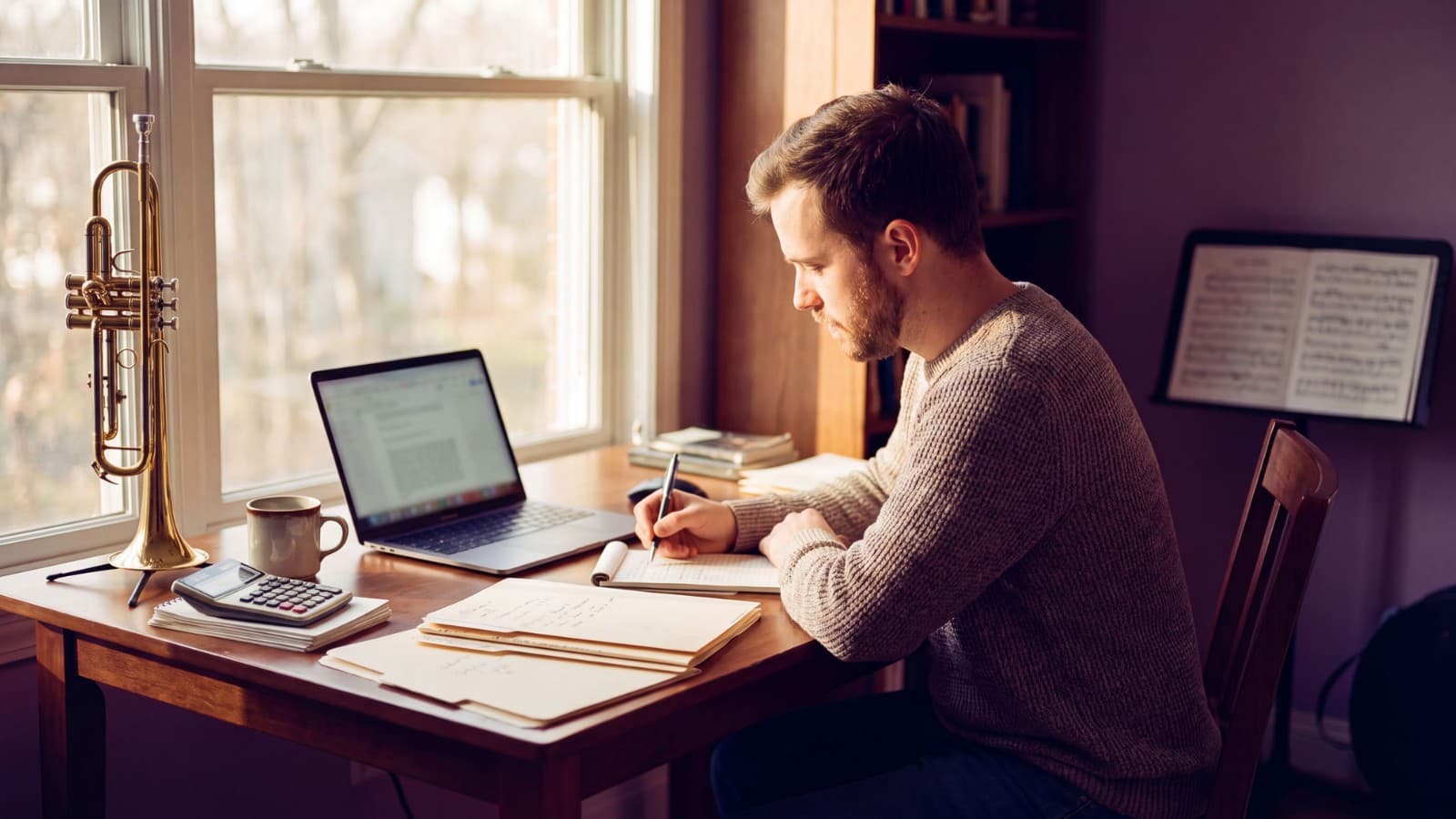 Music teacher sets up his teaching admin at a desk with laptop, folders and calculator, trumpet on a stand beside him