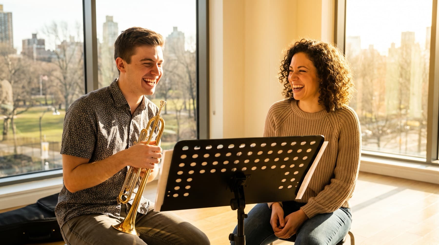 Teacher and students making music together at a music school