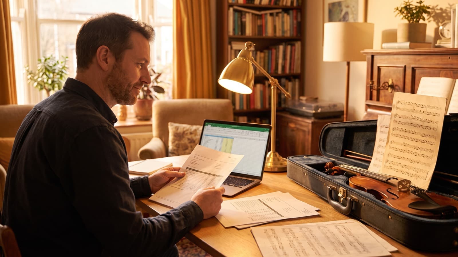 Musiklehrer prüft am Schreibtisch Steuerunterlagen neben Laptop und Geige im warmen Lampenlicht